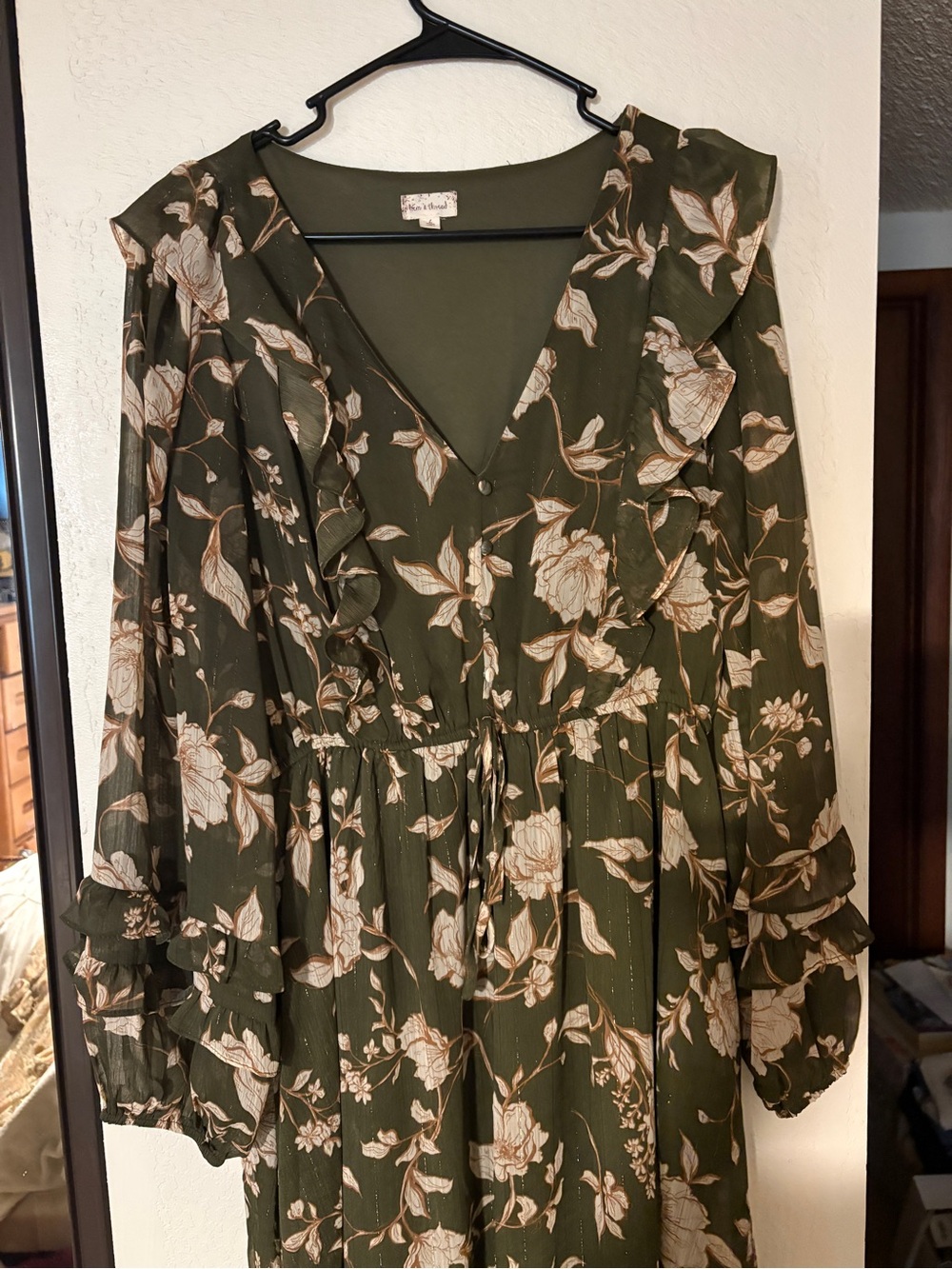 Olive Green Floral Ruffle Midi Dress